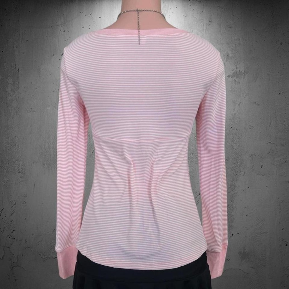 Pink Striped Empire Waist Henley Long Sleeve Button Detail Soft Stretchy Top M - Picture 4 of 8